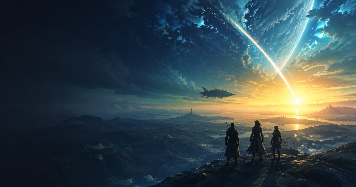 巨大な惑星と光の軌跡を背景に、遠い地平線を見つめる3人の冒険者と飛空艇を描いた幻想的な旅立ちのイメージ